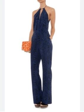 Diane von Furstenberg 100% silk wood Grain Shadow Blue Jumpsuit Side zipper 6
